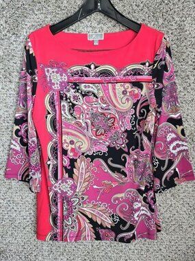 JM Collection Top Womens Small Red Pink Paisley Printed Tunic Embellished Blouse